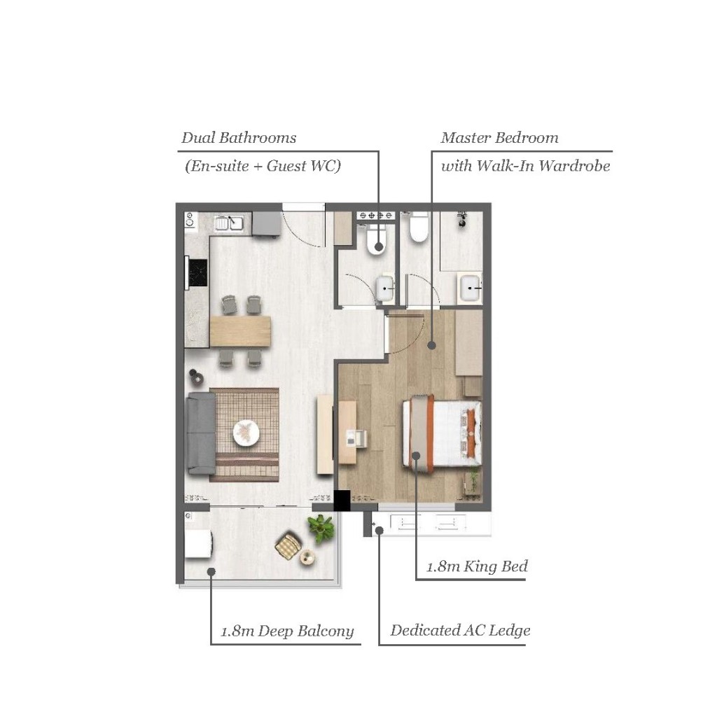 1-Bedroom layout floor plan