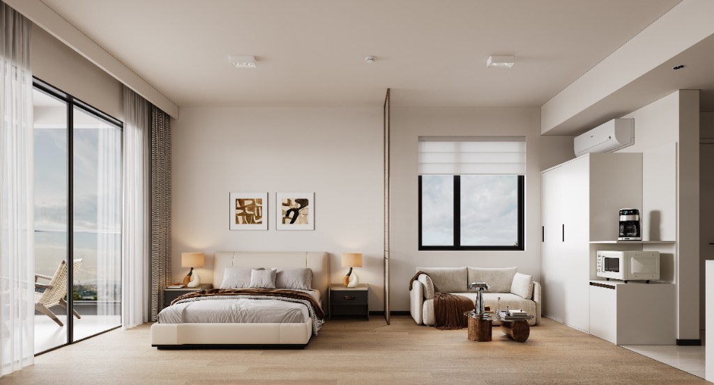 Studio living and sleeping area
