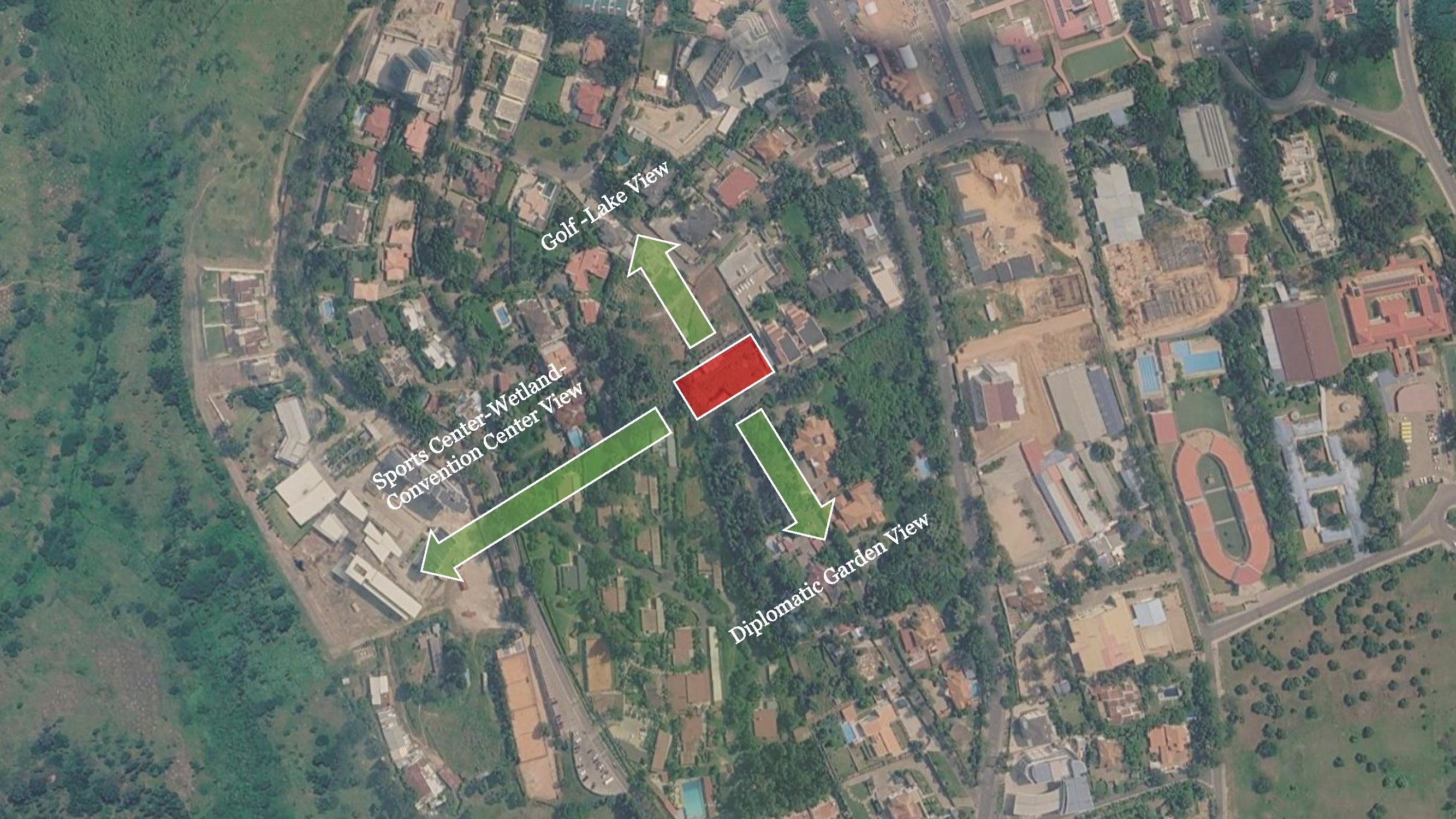 Aerial view of Golf Central Residence with golf lake, sports center and diplomatic garden views